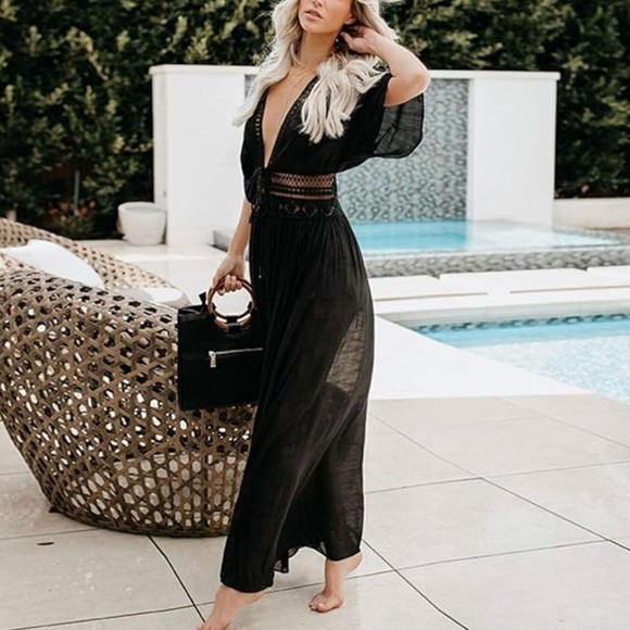 NEW Boho Black Lace Beach Dress Coverup with Flutter Sleeves & 2-Tie Front, OS - Picture 5 of 16